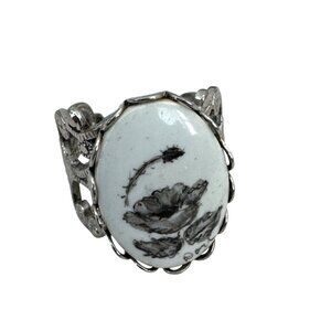 Vintage Adjustable Silver Ring With Intricate Floral Porcelain Inlay Ornate Fili